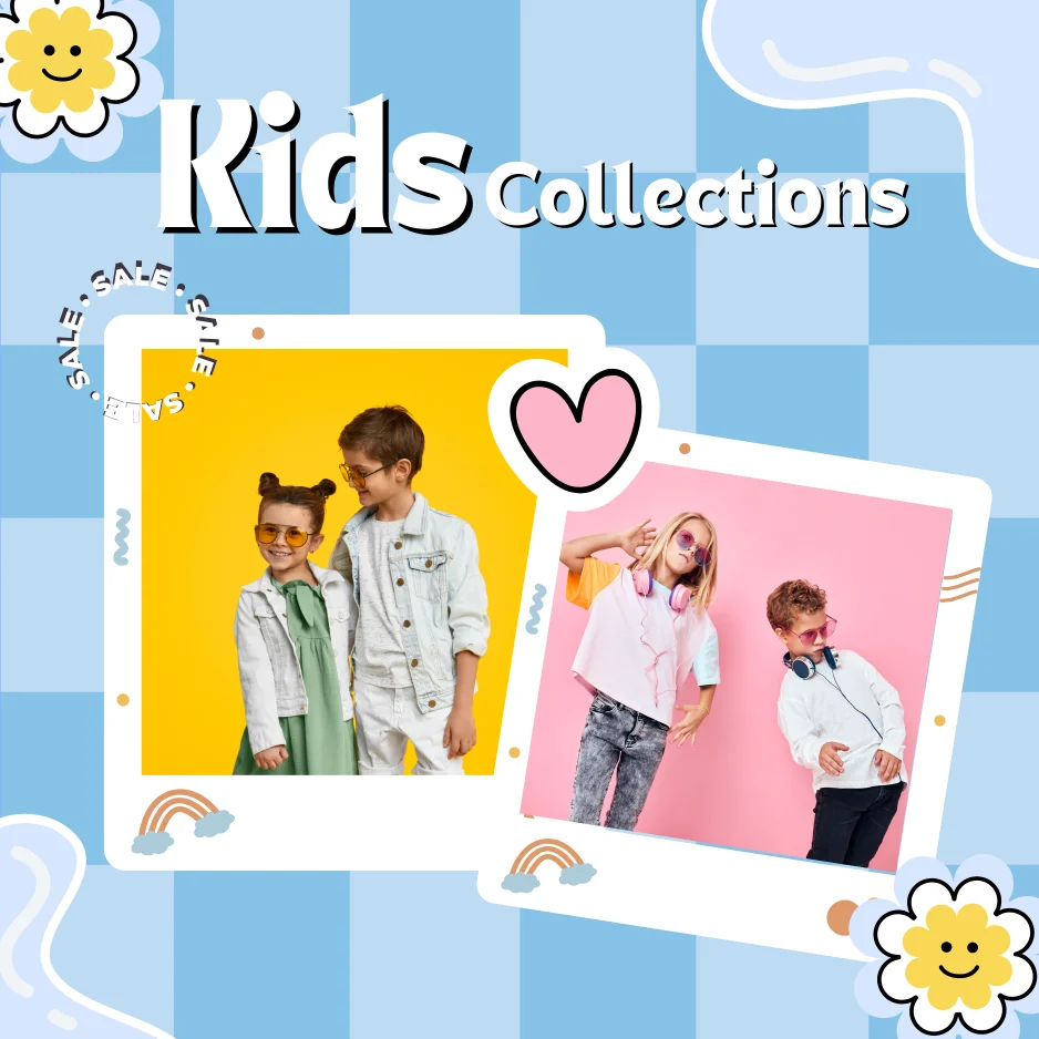 Kids collections banner for Cuteness Potion featuring trendy children in stylish outfits with colorful backgrounds, promoting customizable kids merchandise, birthday party supplies, and baby shower products